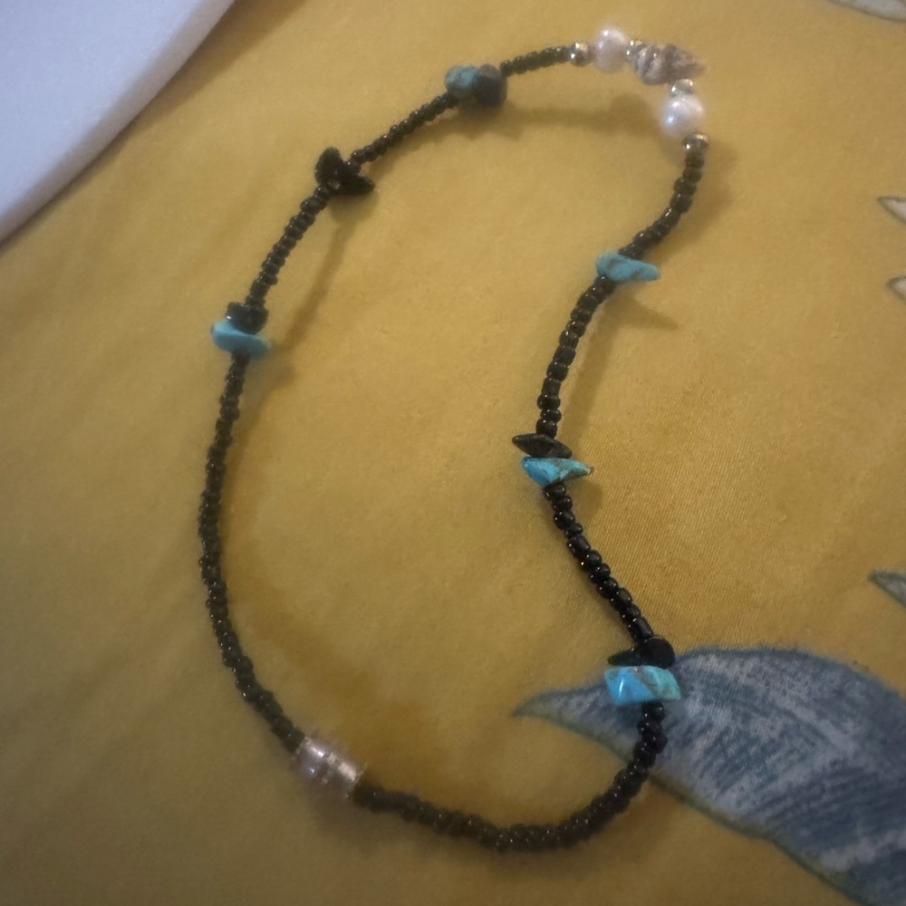 Handcrafted Black Bead Bracelet/Anklet w/ Turquoise, Pearl, and Seashell Accents